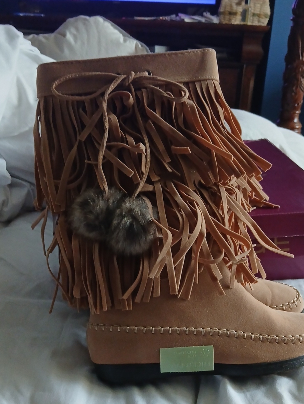 Rampage Taupe Micro Fringe Boot with Pom Detail